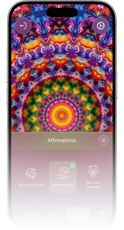 Mistikist app screen showing affirmation packages for mental wellness and self-growth