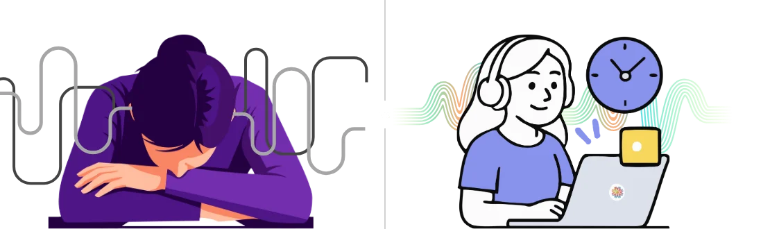 Two person with different brainwaves, on the left someone who is experiencing high incoherent beta brainwaves, while on the right, a person using brainwave entrainment to increase focus.