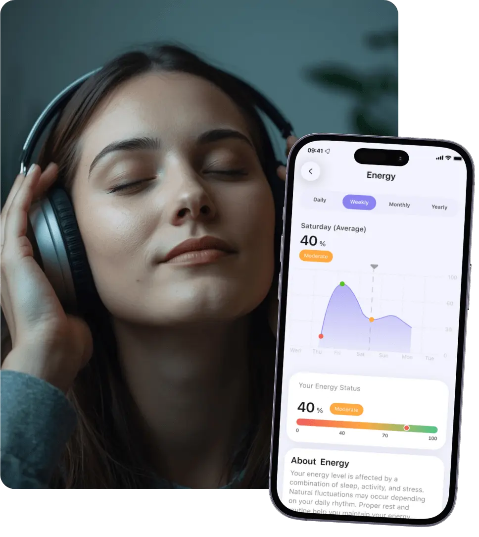 Image of a woman using Mistikist and tracking her stress levels on daily basis.